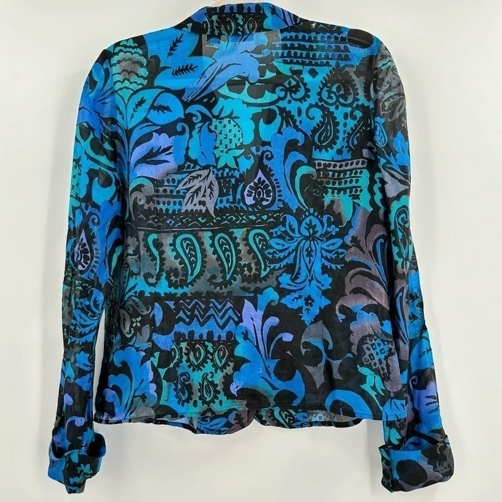 Chico’s 100% Silk Bright Blues & Black Print V Neck Button Up Sheer Size 0/Small